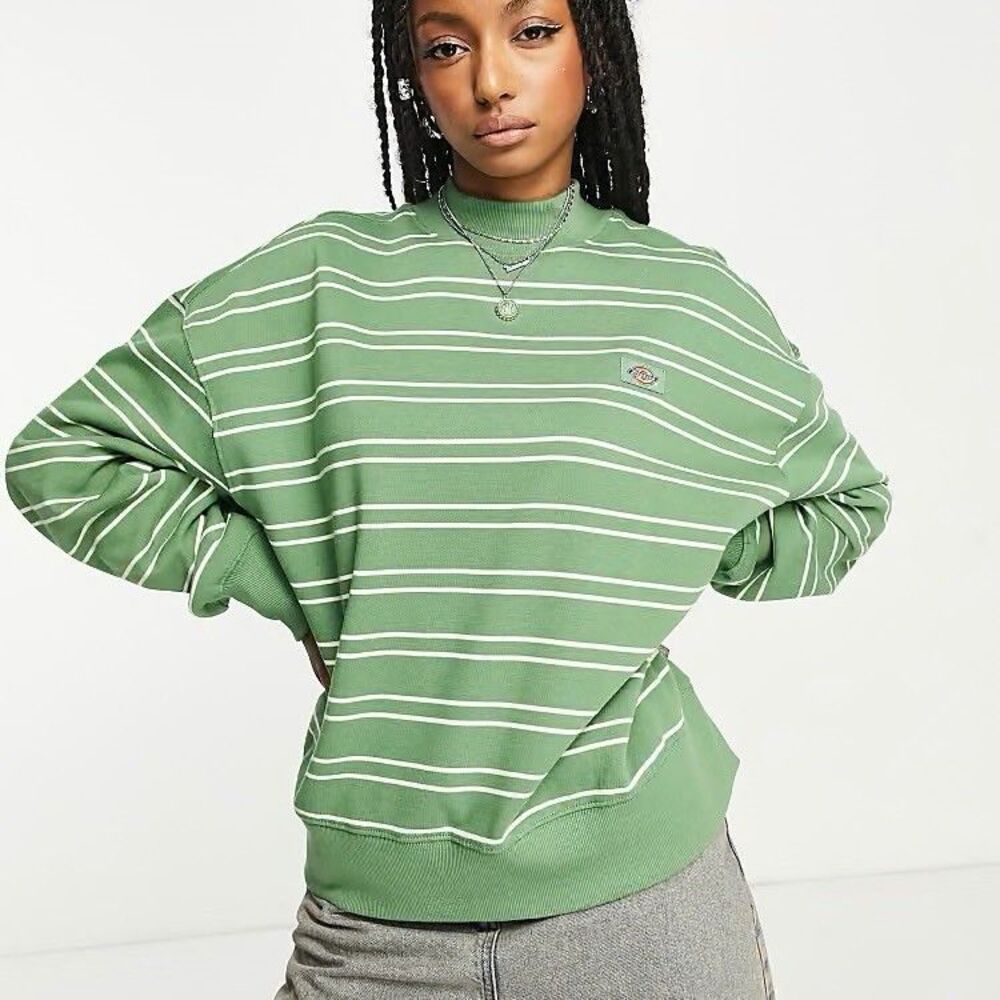 Dickies Westover Striped Sweatshirt Green White Crewneck Relaxed Workwear L